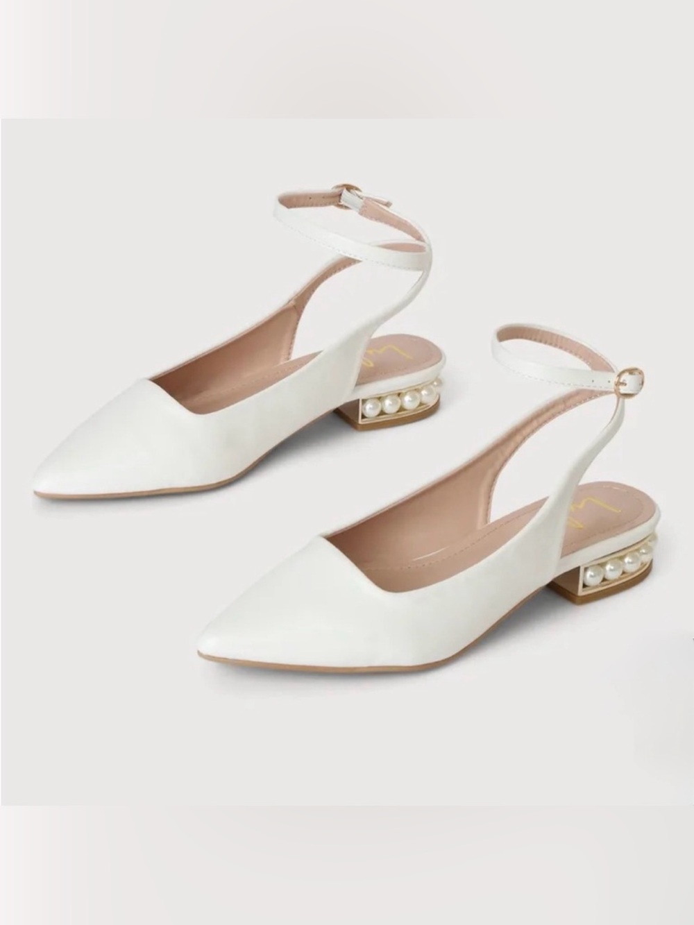 Lulus 7.5 White Pointed-Toe Pearl Accent Slingback Flats